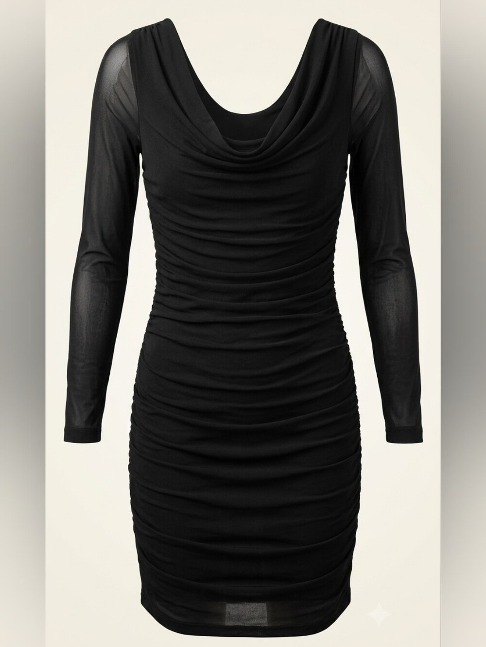 Black Sheer Long Sleeve Cowl Neck Ruched Bodycon Mini Dress M